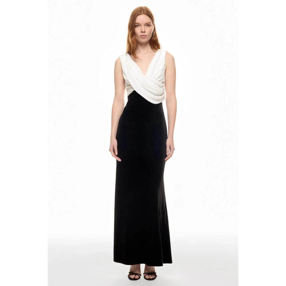 Badgley Mischka Sleeveless Draped Sequin Gown BLACK WHITE SZ 4 NWT CAP SLEEVE